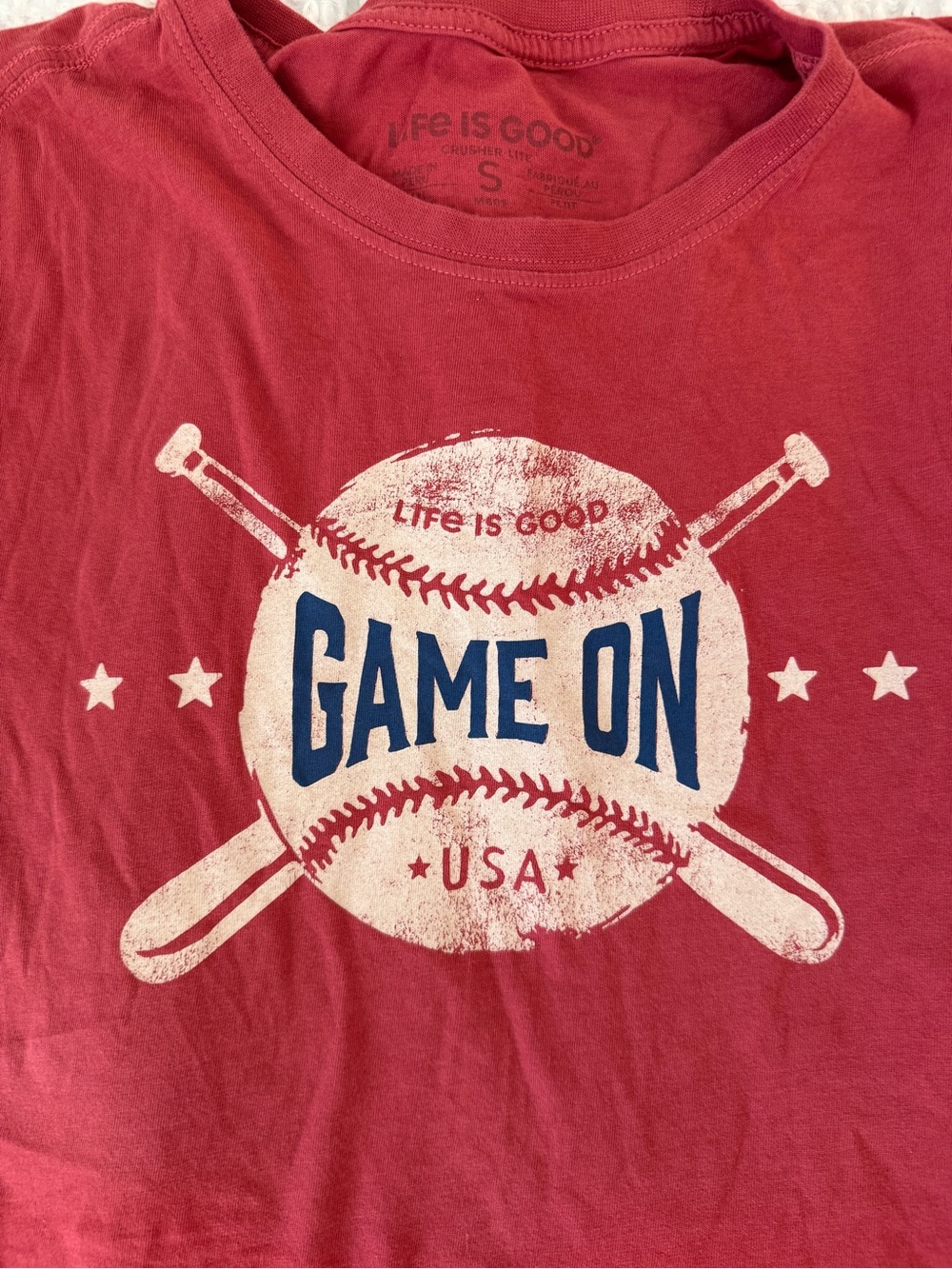 Life Is Good Red "Game On" Baseball Graphic Tee